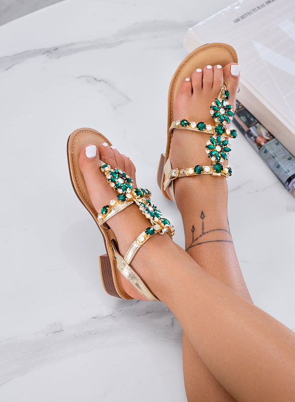 GIULY - Sandalias doradas bajas con piedras joya verdes