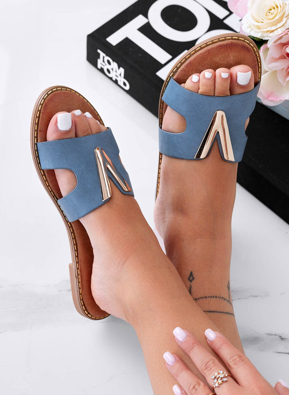 MYER - Sandales babouches bleues application V dorée