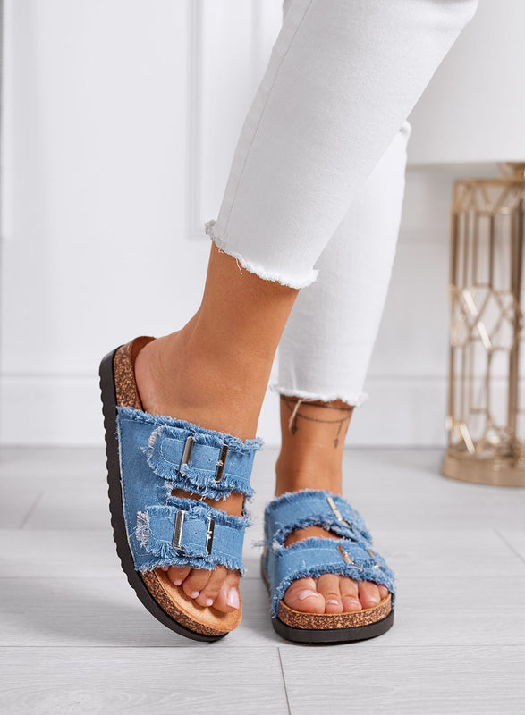 GILDA - Sandales mules bleues en tissu effiloché avec boucles et semelle intérieure en liège