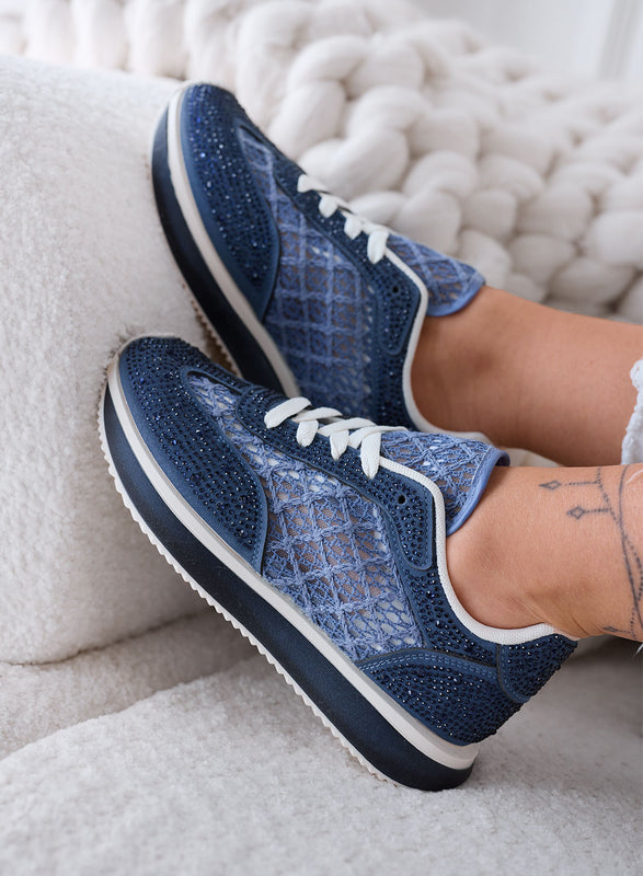 LORENA - Baskets bleues avec dentelle et strass brillants