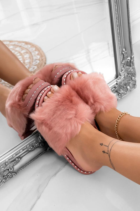 BAMBI - Chaussons sandales roses avec fausse fourrure