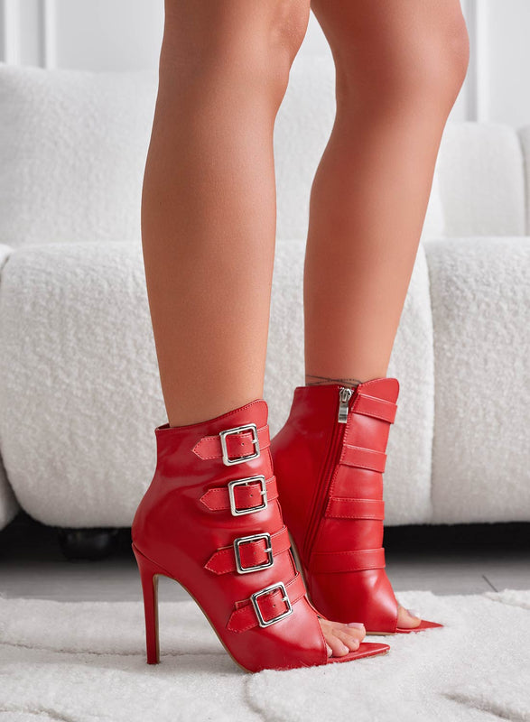 MIRELLA - Bottines rouges ouvertes avec boucles et talon haut