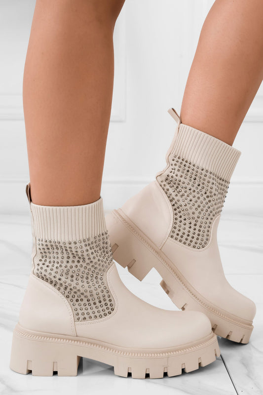 JOLE - Bottines beiges en tissu élastique et strass