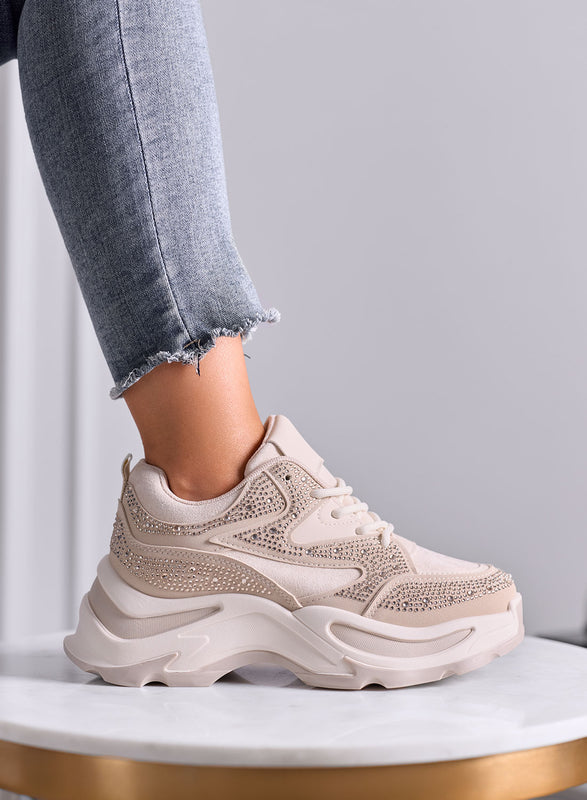 LOREEN - Sneakers beige con Strass e Suola chunky