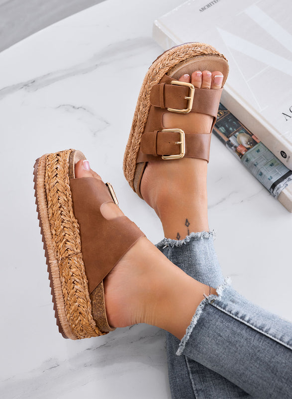 DANIEL - Sandales marron à plateforme, double boucle et semelle en corde