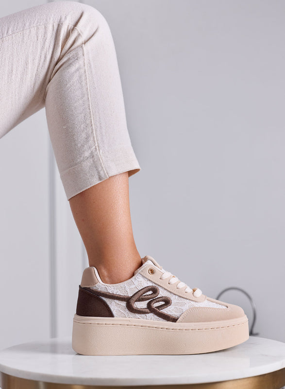 SHARON - Sneakers Donna Beige con Pizzo e Suola Platform