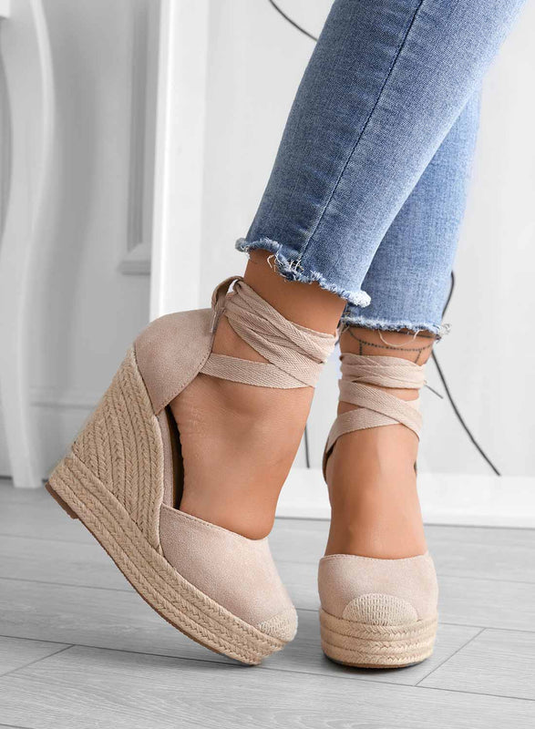 AMBRA - Espadrilles beiges avec corde et talon compensé en dentelle