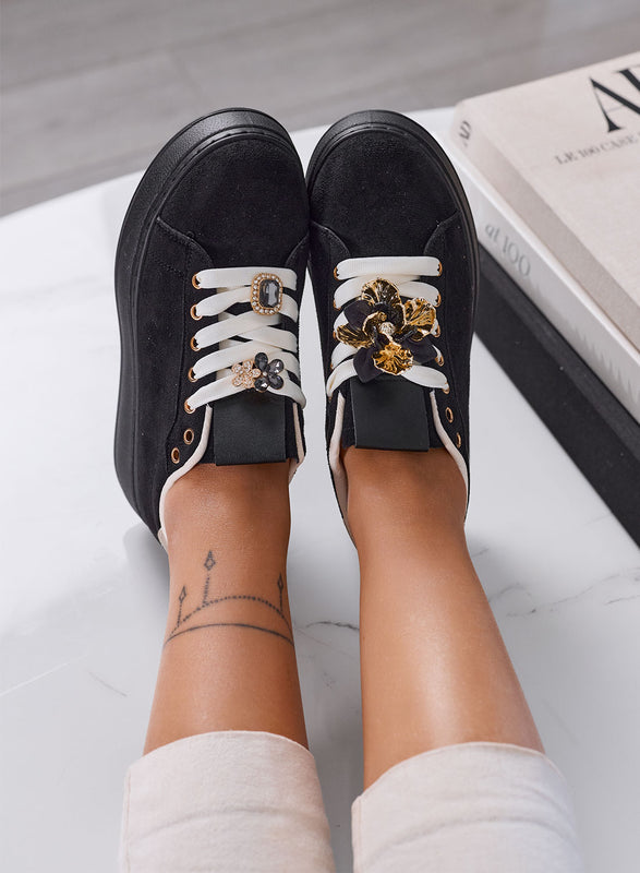 GWENDA - Sneakers Donna nera con Fiore Gioiello e Suola Platform