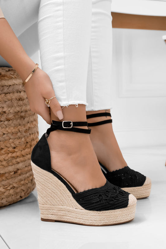 RORY - Espadrilles nere con zeppa in corda e ricamo