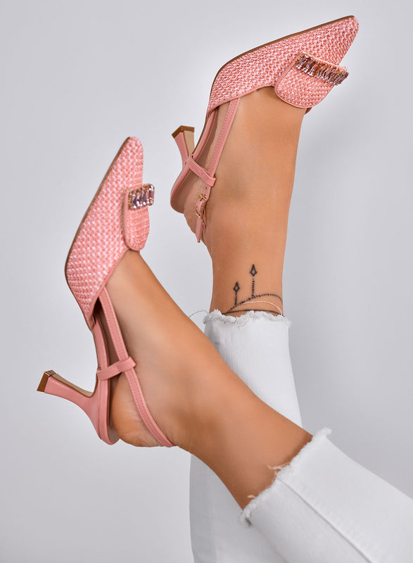 RUSH - Escarpins roses Slingback tressés avec ornement bijou