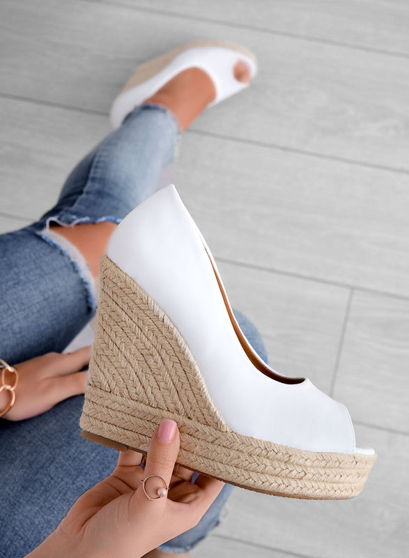 CLEO - Espadrilles blanches en similicuir avec semelle compensée