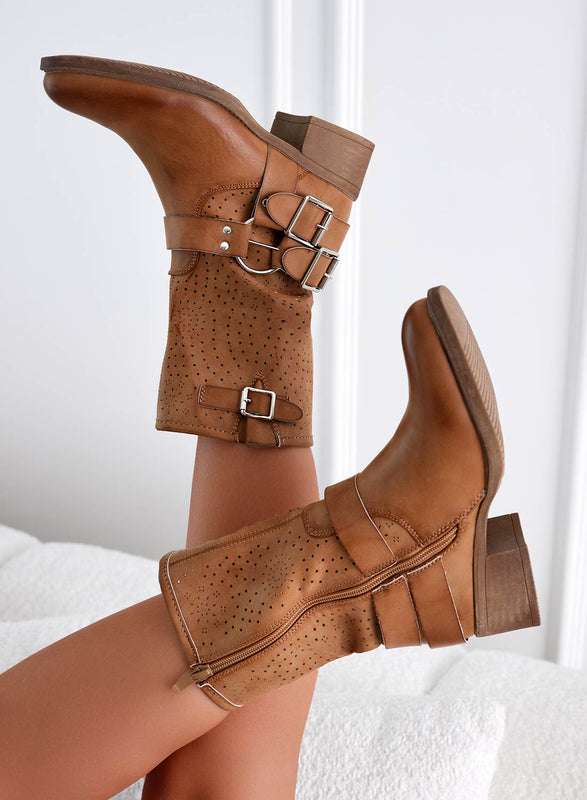 ASHLEE - Bottines camel ajourées avec boucle