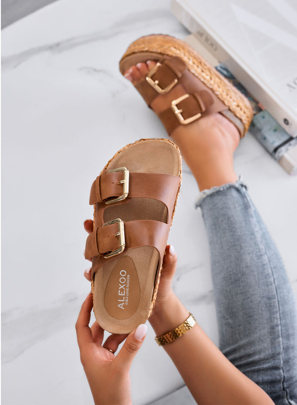 DANIEL - Sandales marron à plateforme, double boucle et semelle en corde