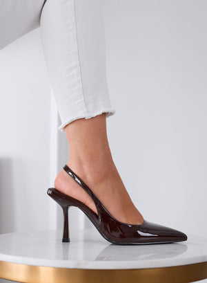 NAOMI - Brown Patent Pointed Toe Slingback Pumps with Heel
