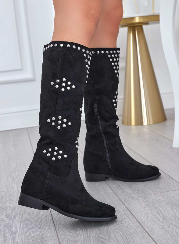 DIAMANTE - Bottes cloutées en daim noir