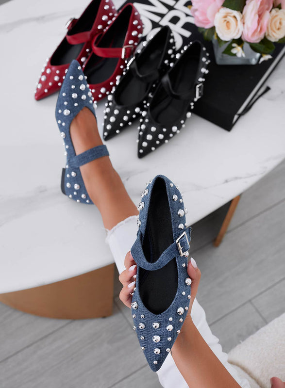 FRANCA - Ballerines pointues en denim bleu à studs sphères argentées