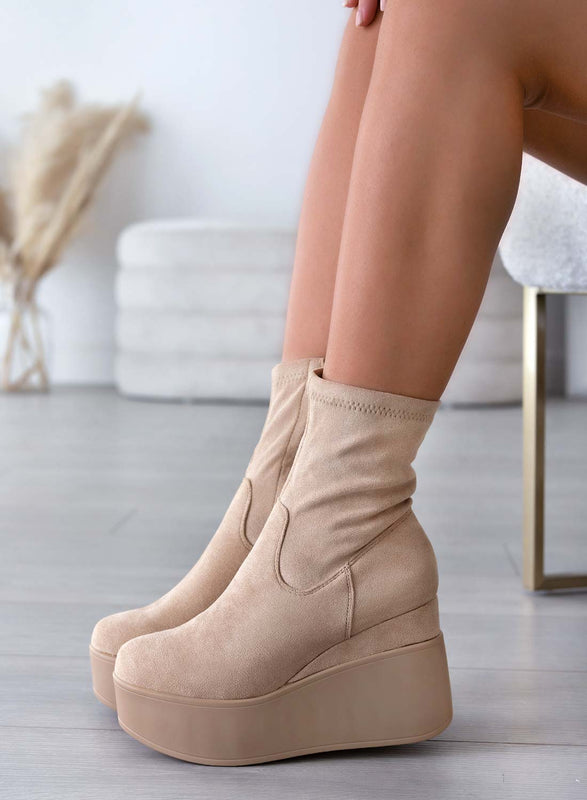 MIAA - Bottines Alexoo beige en daim avec semelle compensée