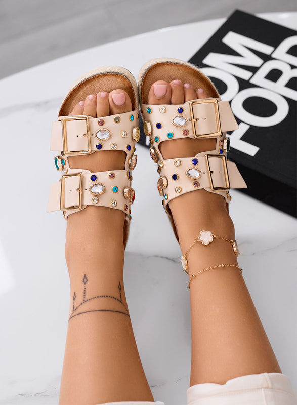 PRISCILLA - Sandales mules beiges à plateforme avec maxi boucles et pierres colorées