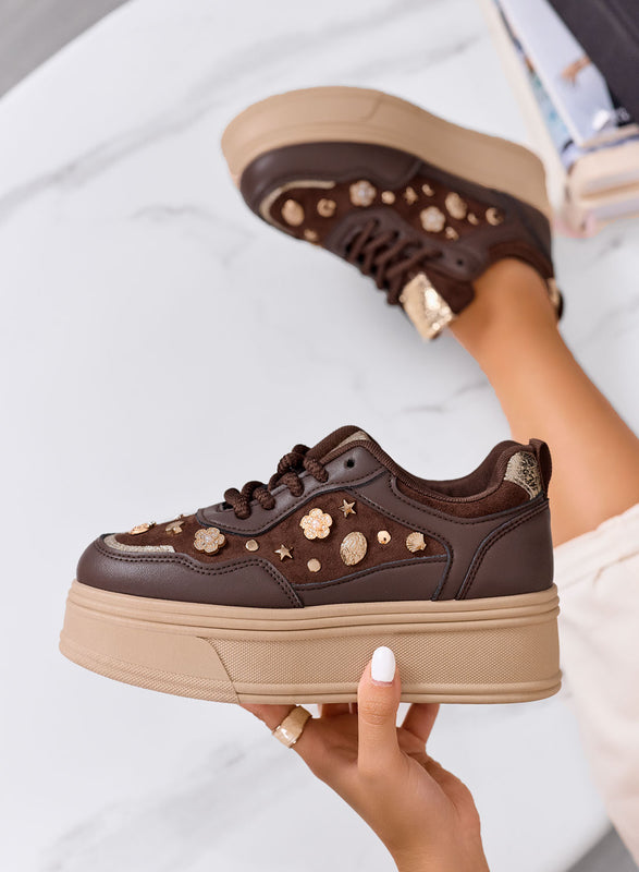 AIDA - Sneakers platform marroni con decorazioni oro