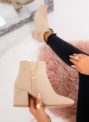 Bottines beiges Alexoo avec talon confortable et fermeture éclair dorée