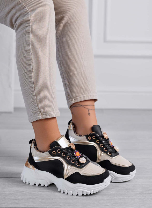 ADAMS - Baskets femme noires avec semelle épaisse et détails bijoux dorés