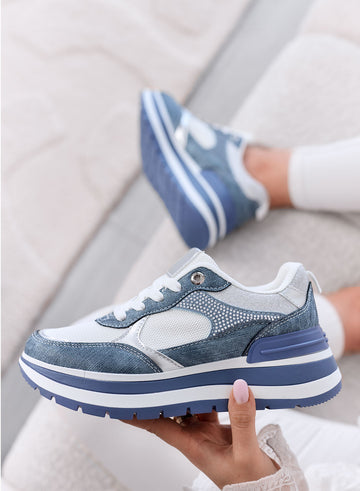 ALBA - Blue Denim Sneakers with Rhinestones and Platform Sole