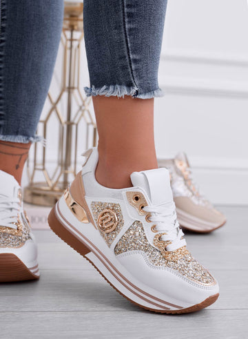 ALISHA - White sneakers with gold glitter inserts