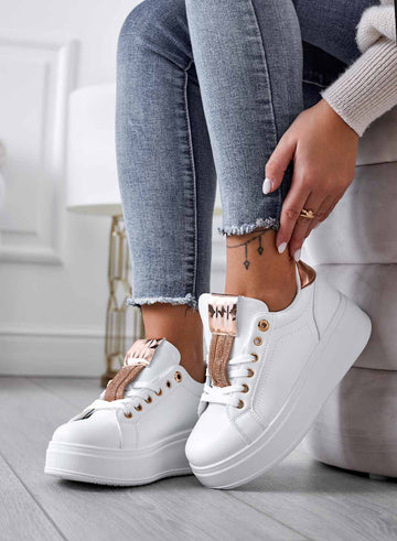 AMIRA - Baskets blanches avec empiècements et strass or rose