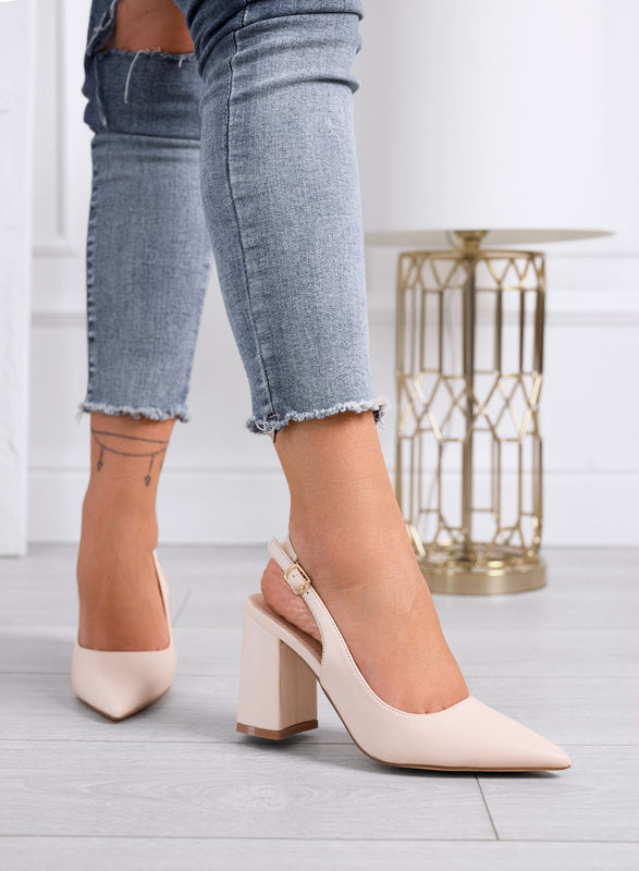 ANGELICA - Décolleté slingback beige a punta con tacco largo
