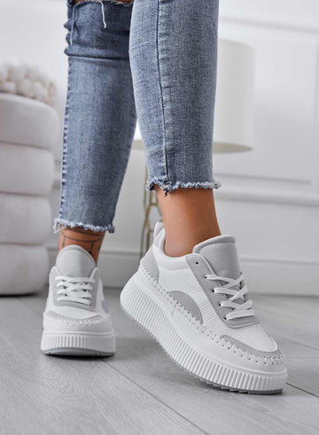 ANNACHIARA - White sneakers with grey fabric inserts and wedge heel