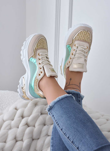 Baskets beiges avec empiècements verts