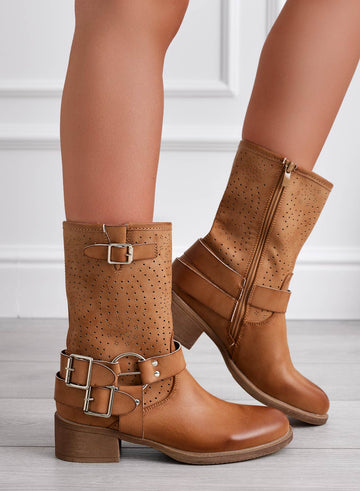 ASHLEE - Bottines camel ajourées avec boucle