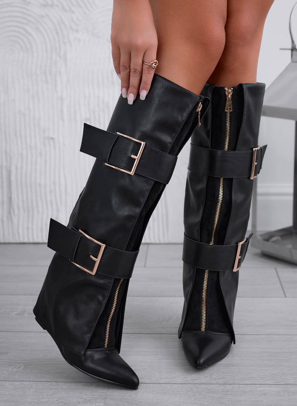 ASMIRA - Bottes noires avec fermeture éclair et boucles dorées