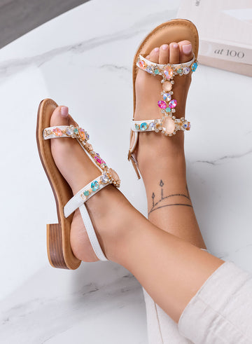 ASTRID - White Flat Jewel Sandals with Multicolor Stones