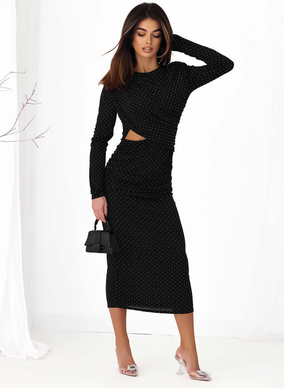 Robe longue noire en stretch avec strass