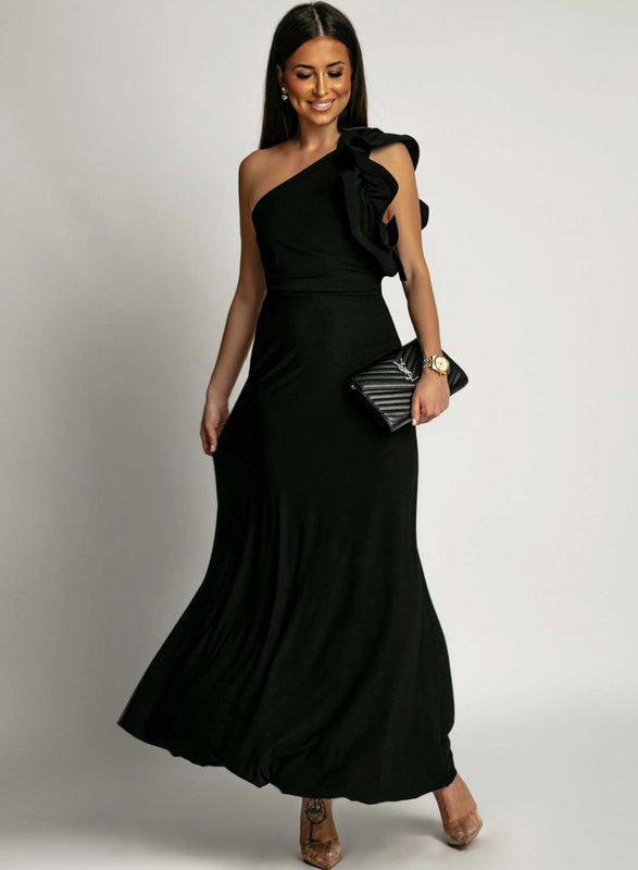 Robe longue noire asymétrique à une épaule