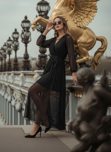 Vestido largo negro de gasa con purpurina