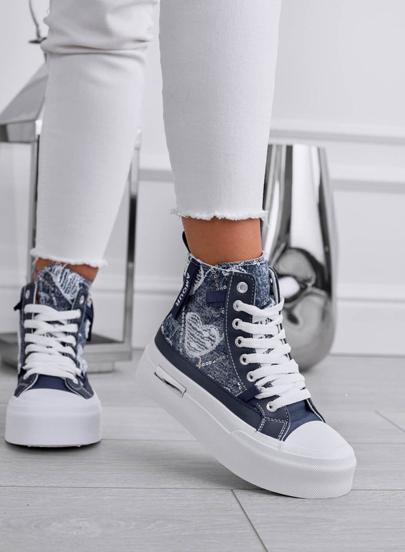 BARTH - Baskets montantes à motifs en denim bleu foncé