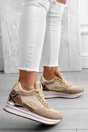 Baskets couleur boue avec empiècements python et semelle compensée intérieure