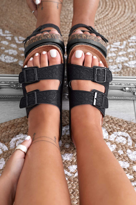 BEVERLY - Sandales slippers noires brodées de boucles