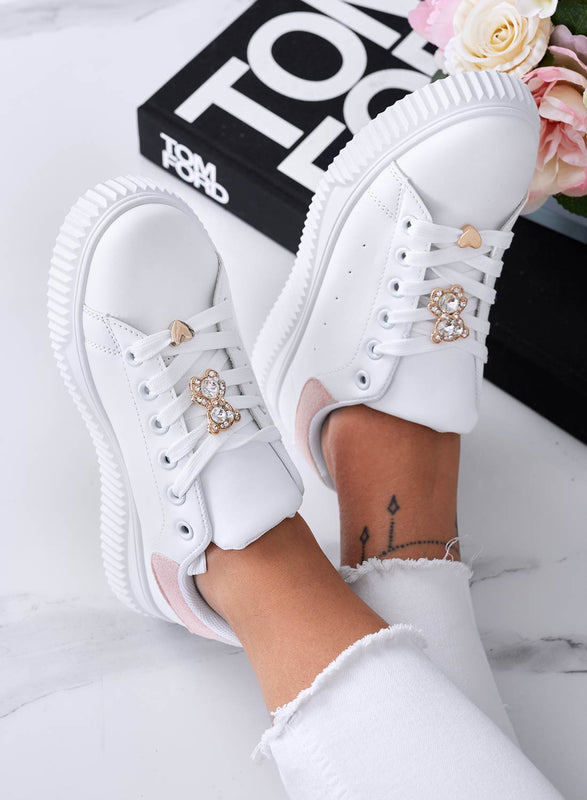 BEVERLY - Baskets blanches avec ours bijou et dos rose
