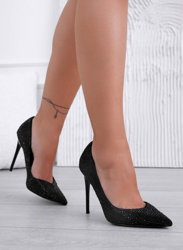 BLANCA - Escarpins noirs ornés de bijoux à talon haut aiguille