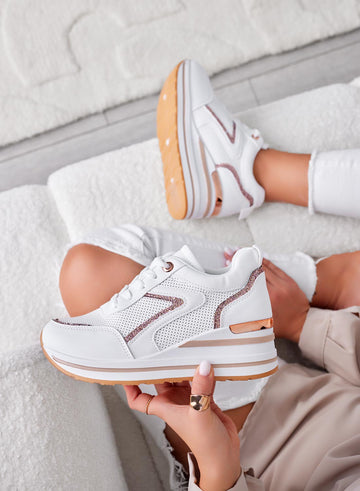 BRISA - Baskets blanches avec empiècements pailletés or rose et semelle compensée