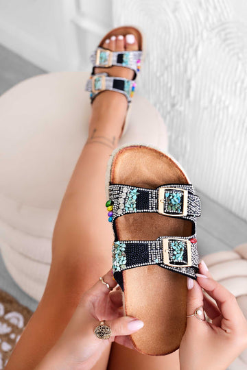 Sandales mules noires avec boucles et pierres multicolores