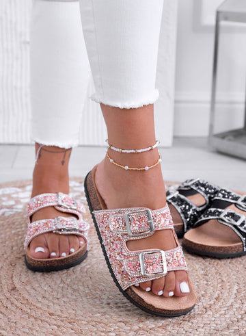 BROOKE - Sandales mules roses ornées de bijoux avec boucles et strass