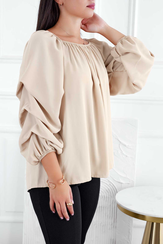 Blouse beige à manches froncées