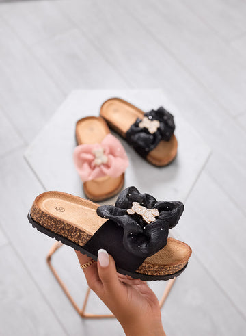 CAIRO - Sandales noirs Mules fille avec maxi nœud et ourson bijou