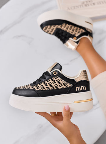 CAMILLA - Baskets noires à plateforme avec empiècements en tissu beige