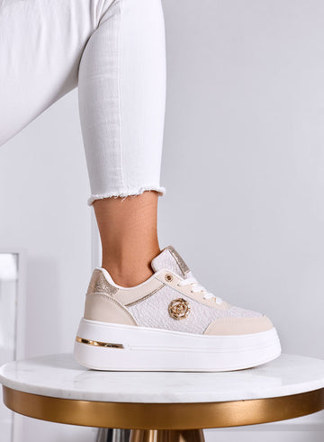 CARLA - Beige platform sneakers with metallic inserts and fabric