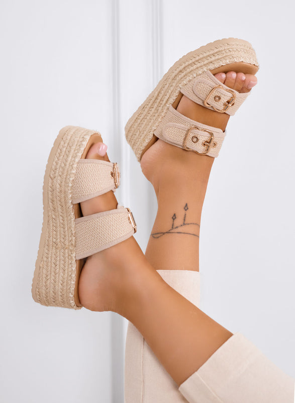 CAROLINA - Sandali platform beige in tessuto con doppia fibbia e suola in corda